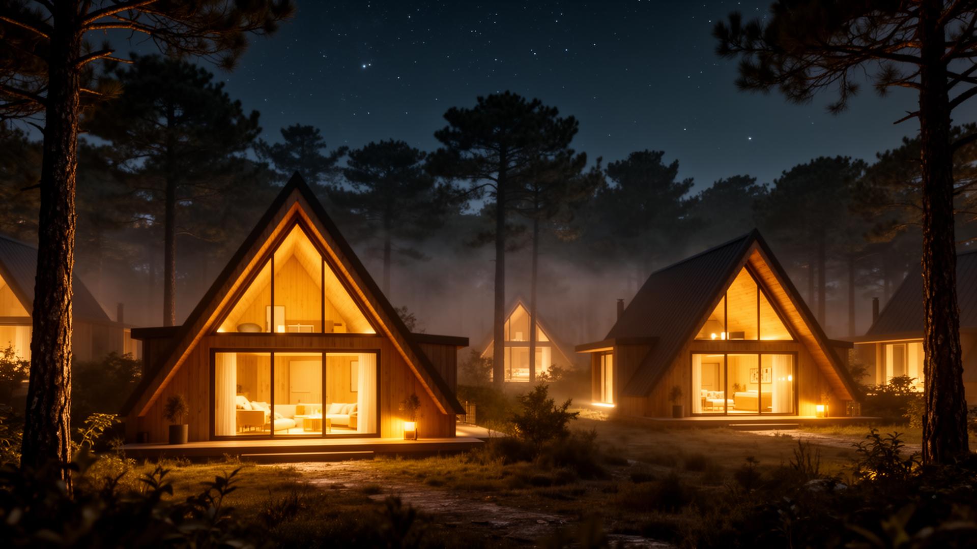 Eco village com chalés A-Frame iluminados à noite em Portugal